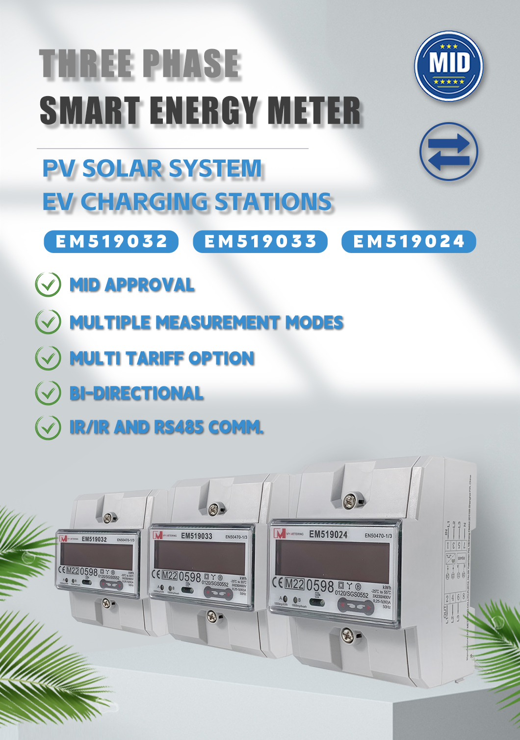 EM519033 Three Phase Bidirectional Energy Meter EV Charger Smart Power Meters RS485 Meter