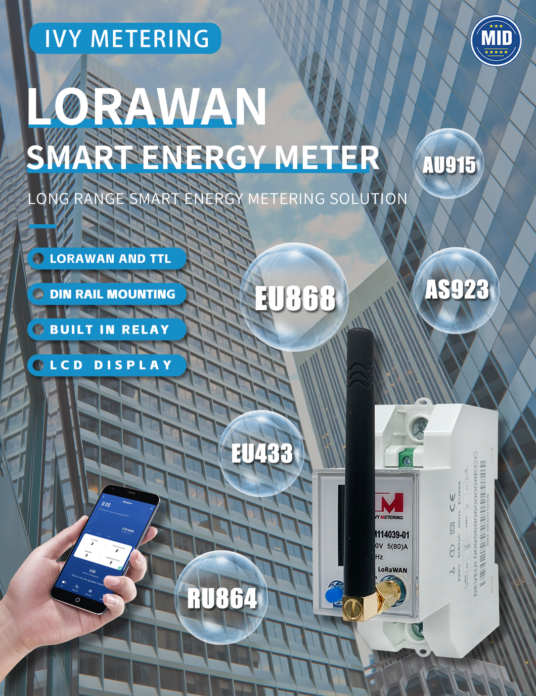 EM114039 1 Phase AC Wireless Communication LoRaWAN Smart Energy Meter