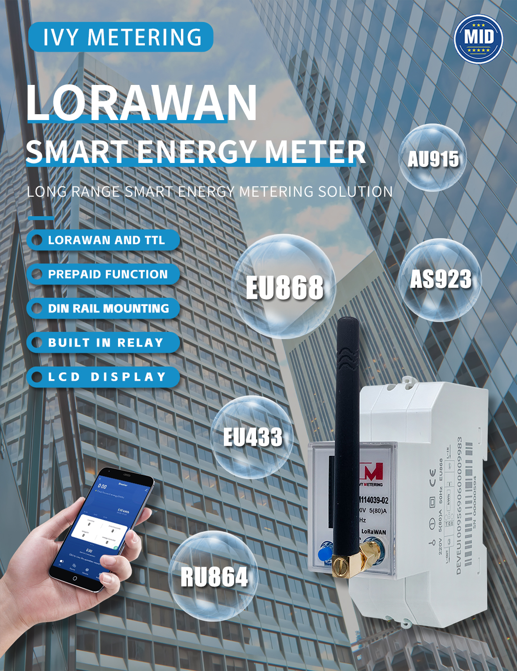 EM114039-02 LoRaWAN Energy Meter LCD Display Smart Energy Meter IoT Din Rail LoRaWAN Energy Meter Smart Single Phase EU868MHz