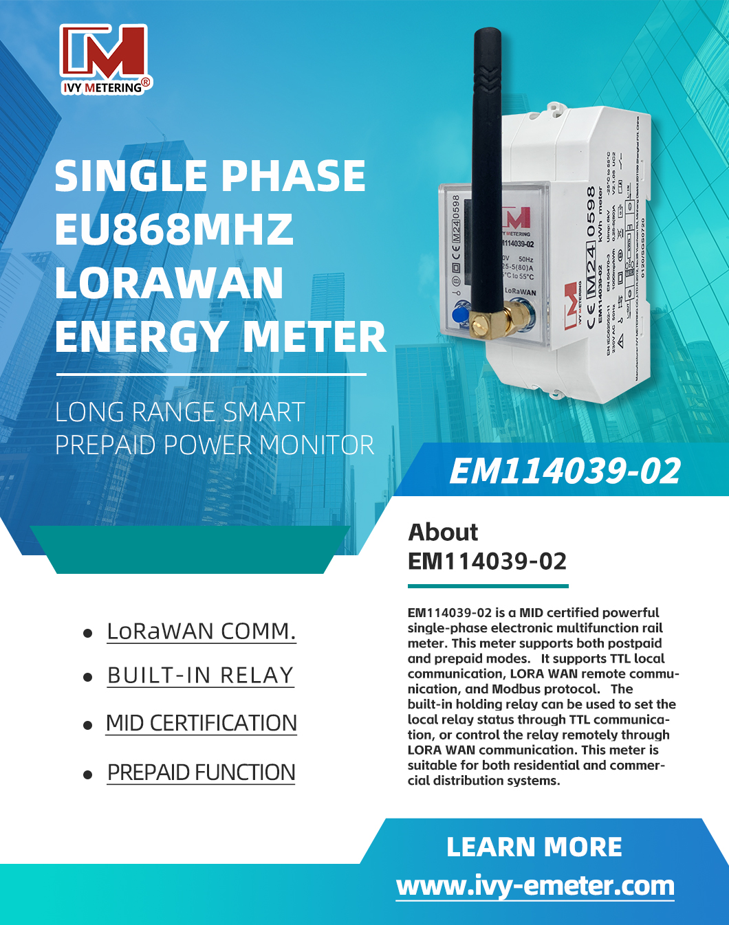 EM114039-02 Single Phase LoRa Smart Energy Meter LoRaWAN EU 868MHz Prepaid Electricity Meters