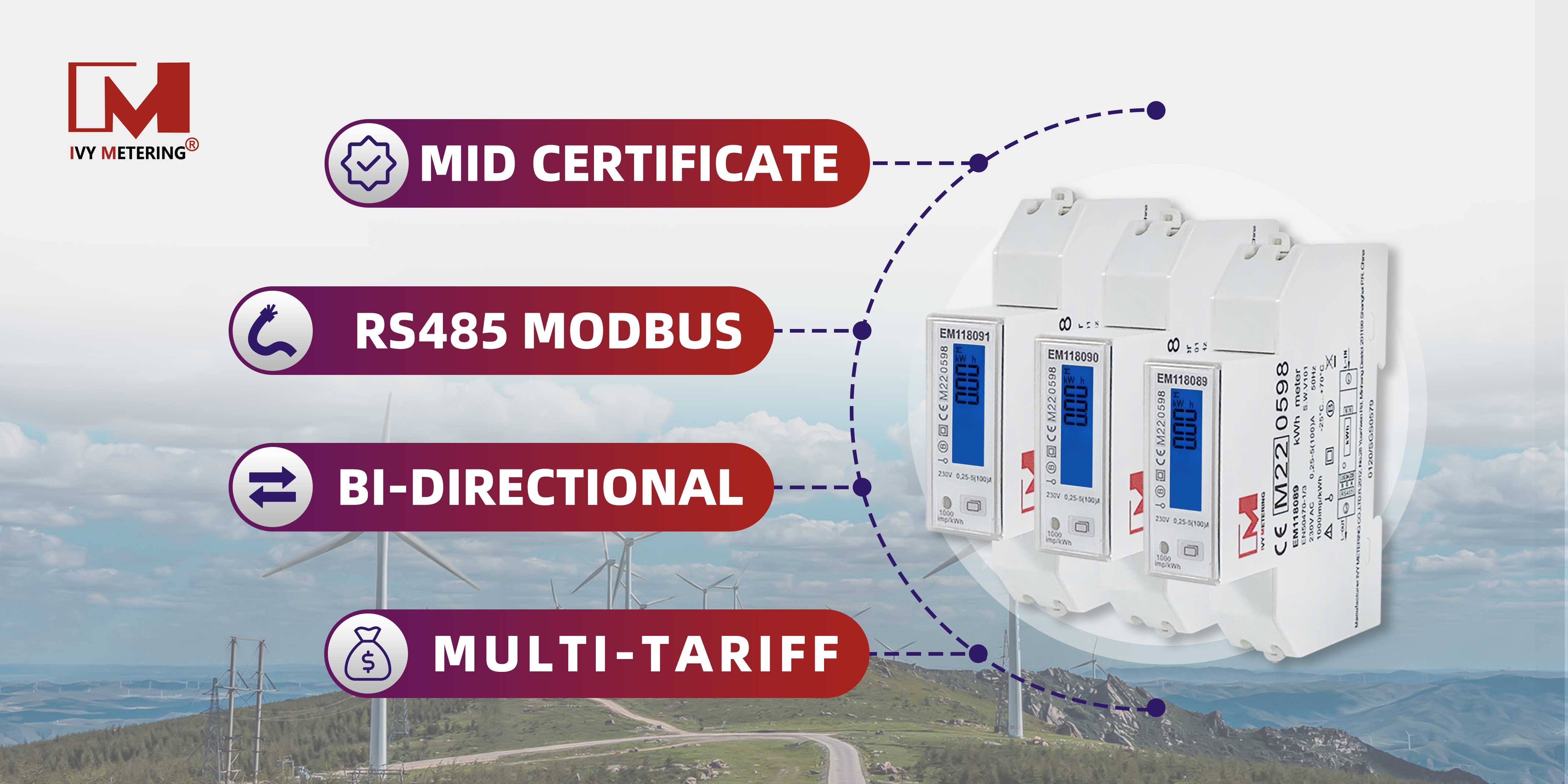 EM118089 EM118090 EM118091 1 Phase 100A MID Bi-directional RS485 Modbus Energy Meter