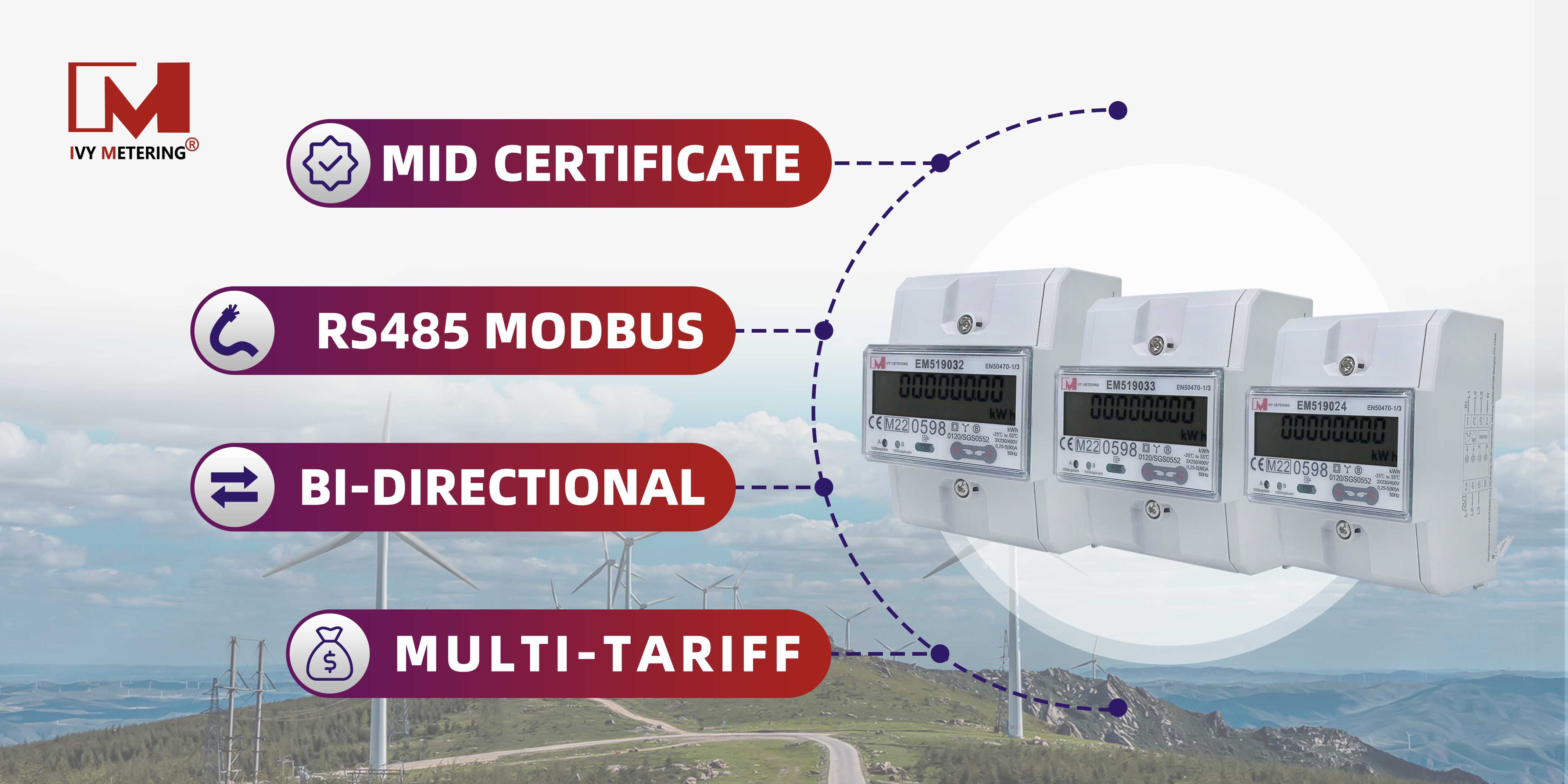 EM519032/33/24 Three Phase Net Metering MID Approval Bi Directional RS485 Modbus Energy Meter