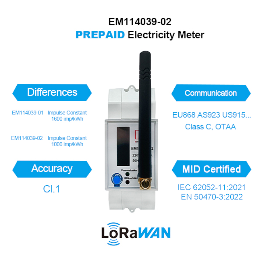 EM114039-02 Single Phase LoRa IoT Prepaid Smart Energy Meters with LoRaWAN Bi-directional communications